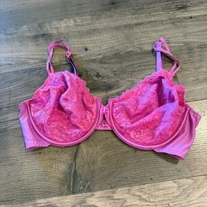 Vassarette Pink Floral Lace Unlined Underwire Bra 36D Scalloped Trim Adjustable